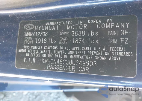 2008 Hyundai Accent Gls from USA, damaged, VIN KMHCN46C38U249903